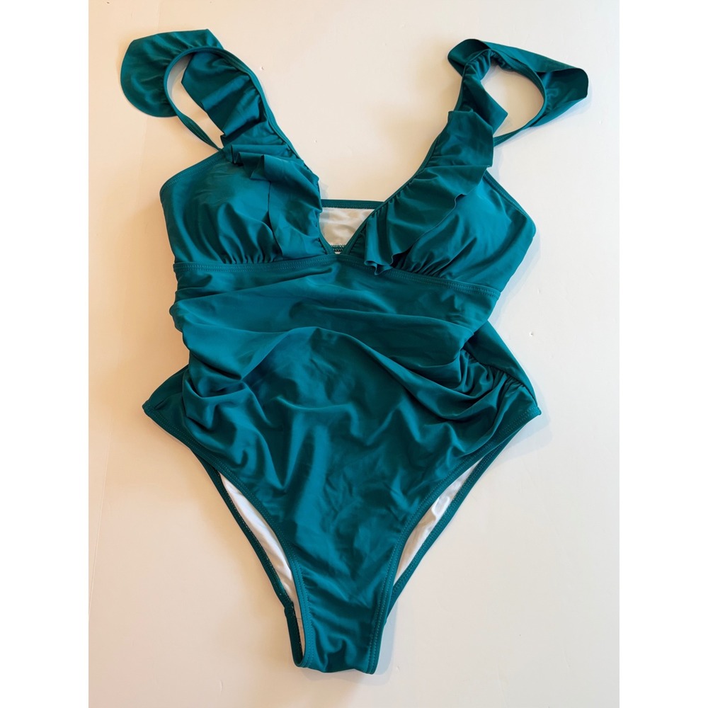 Teal Ruffle V-Neck One Piece Swimsuit Ruched Bodice Padded Women Size XL